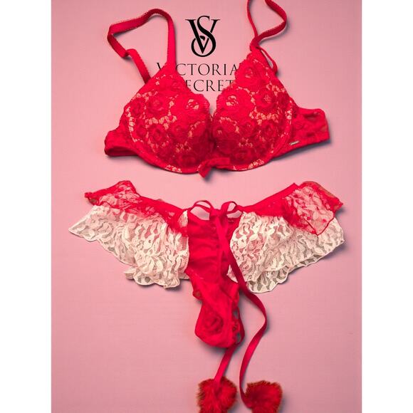 Victoria's Secret Red & Pink Bra Panty Set – Sexy Christmas Lingerie 34A/ XS - Picture 4 of 6
